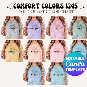 Peut inclure: Nuancier de couleurs montrant 12 couleurs tie-dye différentes pour des t-shirts. Les couleurs sont : Smoke, Amethyst, Clay, Fern, Citrine, Umber, Hibiscus, Fuji Blue, Ocean et Sea Glass. Le nuancier est intitulé "Comfort Colors 1245 Color Blast Color Chart" et "Modèle Canva éditable".
