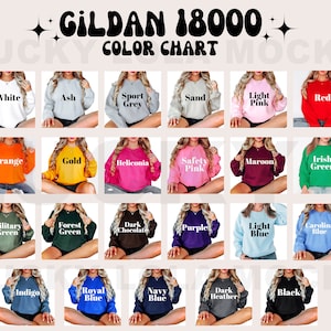 Tabla de colores Gildan 18000, Tabla de colores Gildan, Tabla de colores de sudaderas Gildan, Tabla de colores del modelo 18000, Maqueta de tabla de colores, Maqueta Gildan,