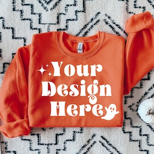 Gildan 18000 Orange Mockup, Gildan Sweatshirt Mockup, Orange Sweatshirt Mockup, Halloween Mockup, Boho Mockup, G180 Orange mockup,