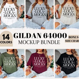 May include: A mockup bundle of 14 different color Gildan 64000 t-shirts featuring the text "Lucky Lola Mocks" in a white font. The text is centered on the front of the shirts. The shirts are shown on models wearing jeans and sitting on a white surface. A bonus size chart is included.