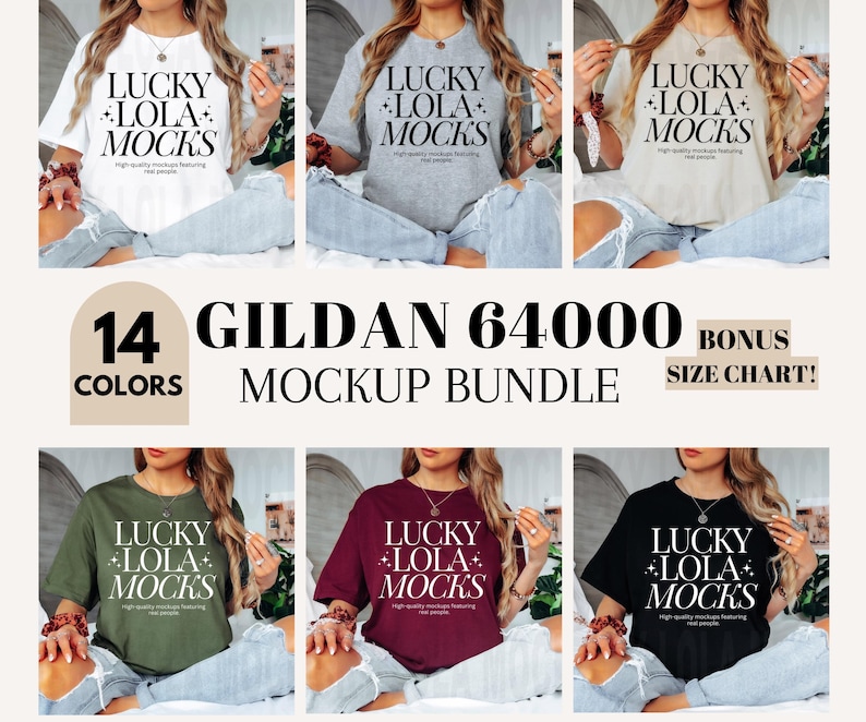 May include: A mockup bundle of 14 different color Gildan 64000 t-shirts featuring the text "Lucky Lola Mocks" in a white font. The text is centered on the front of the shirts. The shirts are shown on models wearing jeans and sitting on a white surface. A bonus size chart is included.