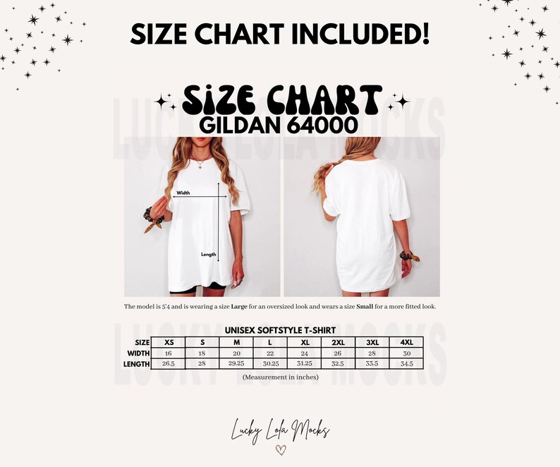 May include: Size chart for unisex Gildan 64000 softstyle t-shirts. The chart shows measurements in inches for width and length for sizes XS to 4XL.