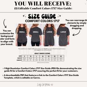 Puede incluir: Una gu&iacute;a de tallas para las camisetas Comfort Colors 1717, que muestra las diferentes tallas y medidas en pulgadas. La gu&iacute;a incluye un modelo que lleva una camiseta talla S y una camiseta talla L, as&iacute; como una tabla con las medidas para las tallas S a 4X. El texto "Puedes reorganizar los elementos simplemente arrastrando y soltando." tambi&eacute;n est&aacute; incluido.