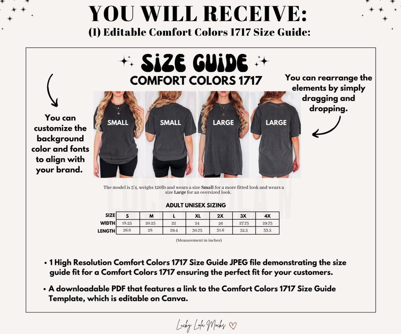 Puede incluir: Una gu&iacute;a de tallas para las camisetas Comfort Colors 1717, que muestra las diferentes tallas y medidas en pulgadas. La gu&iacute;a incluye un modelo que lleva una camiseta talla S y una camiseta talla L, as&iacute; como una tabla con las medidas para las tallas S a 4X. El texto "Puedes reorganizar los elementos simplemente arrastrando y soltando." tambi&eacute;n est&aacute; incluido.