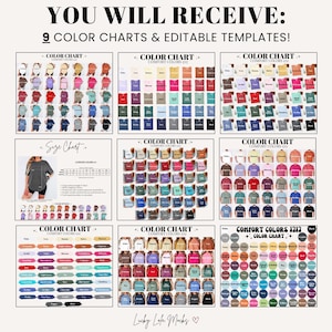 May include: A digital collection featuring nine color charts and editable templates for t-shirts. The charts display various fabric colors in grid layouts, including a size chart with a model wearing a grey t-shirt and text reading YOU WILL RECEIVE.
