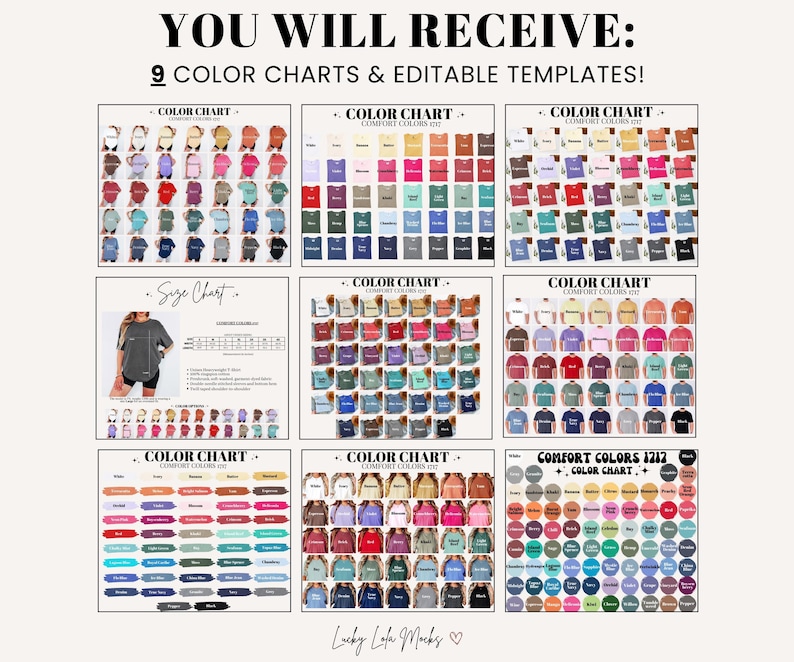 May include: A digital collection featuring nine color charts and editable templates for t-shirts. The charts display various fabric colors in grid layouts, including a size chart with a model wearing a grey t-shirt and text reading YOU WILL RECEIVE.