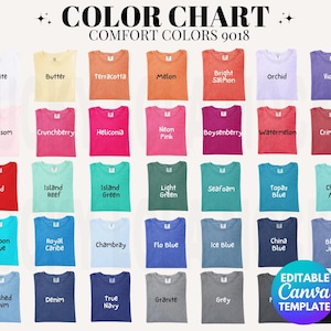 Carta de colores Comfort Colors 9018 editable, Carta de colores 9018 editable, Maqueta de la carta de colores 9018, Maqueta de Comfort Colors, Carta de colores juvenil 9018