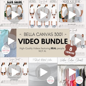 Puede incluir: Un gráfico de marketing digital para un paquete de videos Bella Canvas 3001 que incluye varias guías de tallas, un video de detalles de camisetas y una tabla de colores en video. El texto incluye Bella Canvas 3001 Video Bundle, High-Quality Videos featuring REAL people.