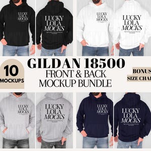 以下が含まれることがあります： 黒、白、グレー、ネイビーブルーなど、さまざまな色の Gildan 18500 パーカーのモックアップが 10 個あります。パーカーは、白い文字で「Lucky Lola Mocks」というテキストが書かれた前面と背面のデザインが特徴です。ボーナスサイズチャートが含まれています。