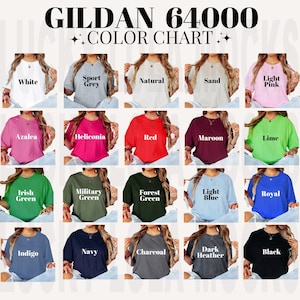 Tabla de colores Gildan 64000, tabla de colores Gildan, tabla de colores de camisetas Gildan, tabla de colores del modelo 64000, maqueta de tabla de colores, tabla de colores G640
