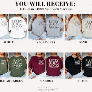 May include: Mockup images of a Gildan 64000 t-shirt in 10 different colors: white, sport grey, sand, military green, maroon, black, navy, heather grey, pink, and royal blue. The t-shirt has a split view, showing the front and back of the shirt. The text "LUCKY LOLA MOCKS" is printed on the front and back of the shirt.