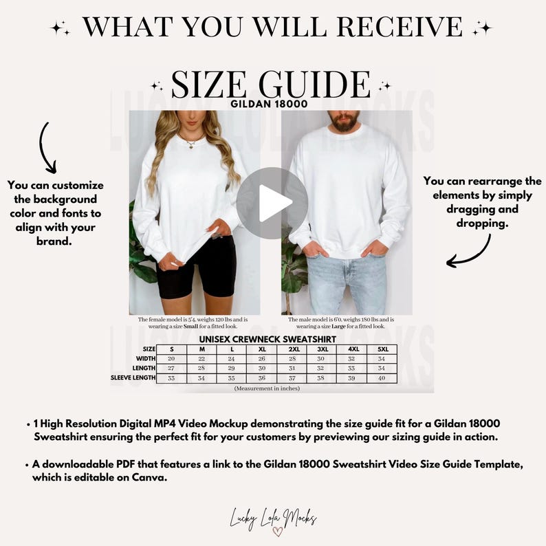 Peut inclure: Un guide des tailles pour les sweat-shirts &agrave; col rond unisexes Gildan 18000, montrant un sweat-shirt blanc sur un mannequin f&eacute;minin et un mannequin masculin. Le tableau des tailles indique les mesures en pouces pour les tailles S &agrave; 5XL. Le texte "What you will receive" et "You can customize the background colour and fonts to align with your brand." est visible sur le c&ocirc;t&eacute; gauche de l'image. Le texte "You can rearrange the elements by simply dragging and dropping." est visible sur le c&ocirc;t&eacute; droit de l'image. Le texte "1 High Resolution Digital MP4 Video Mockup demonstrating the size guide fit for a Gildan 18000 Sweatshirt ensuring the perfect fit for your customers by previewing our sizing guide in action." et "A downloadable PDF that features a link to the Gildan 18000 Sweatshirt Video Size Guide Template, which is editable on Canva." est visible en bas de l'image.