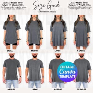 Op de afbeelding: Maattabel voor Comfort Colors 1717 t-shirts. De afbeelding toont modellen die verschillende maten dragen, van Small tot 2X-Large. Het vrouwelijke model is 163 cm lang en weegt 54 kg, meestal maat Small. Het mannelijke model is 183 cm lang en weegt 82 kg, meestal maat Large.