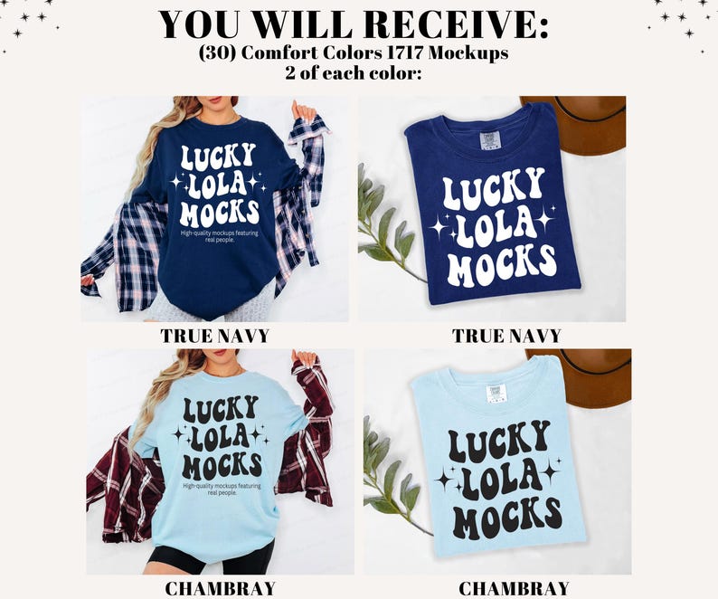 Pu&ograve; includere: Immagine di mockup del prodotto con quattro magliette blu navy e azzurre. Ogni maglietta mostra il testo "LUCKY LOLA MOCKS" in un font retr&ograve;. L'immagine include il testo "YOU WILL RECEIVE: (30) Comfort Colors 1717 Mockups 2 of each color:"