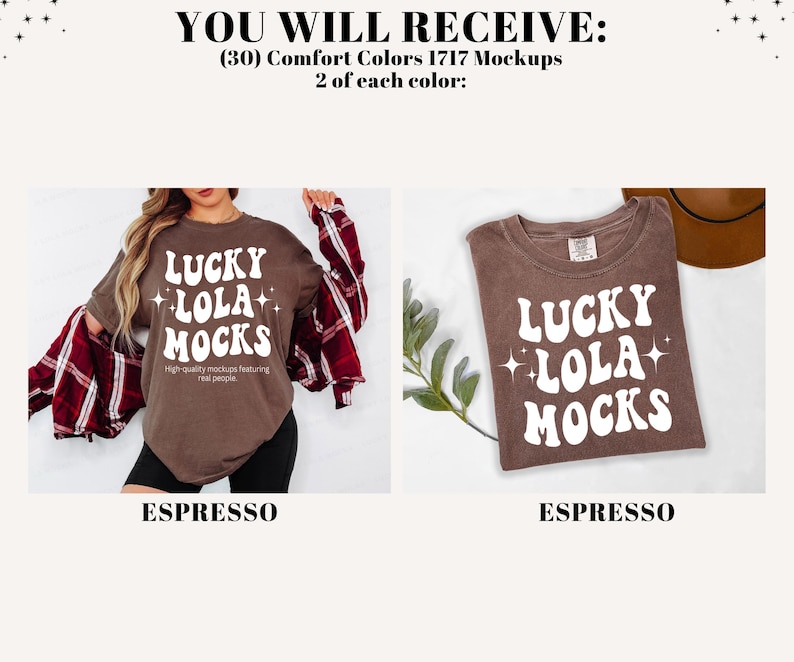 Pu&ograve; includere: Due magliette color espresso con la scritta "LUCKY LOLA MOCKS" in bianco. Una maglietta &egrave; indossata da una persona con una camicia a quadri rossa e nera. L'altra maglietta &egrave; piegata. &Egrave; visibile anche il testo "High-quality mockups featuring real people".