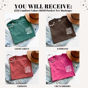 May include: Four Comfort Colors 6030 pocket tee mockups in light green, espresso, crimson, and crunchberry. Each tee is paired with a brown hat and a necklace. The pocket of each tee has the text "LUCKY LOLA MOCKS".