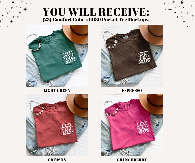May include: Four Comfort Colors 6030 pocket tee mockups in light green, espresso, crimson, and crunchberry. Each tee is paired with a brown hat and a necklace. The pocket of each tee has the text "LUCKY LOLA MOCKS".