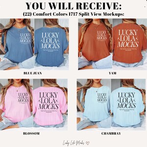 May include: Four split view mockups of a t-shirt in different colors: blue jean, yam, blossom, and Chambray. The t-shirt has the text "LUCKY LOLA MOCKS" printed on the front and back.