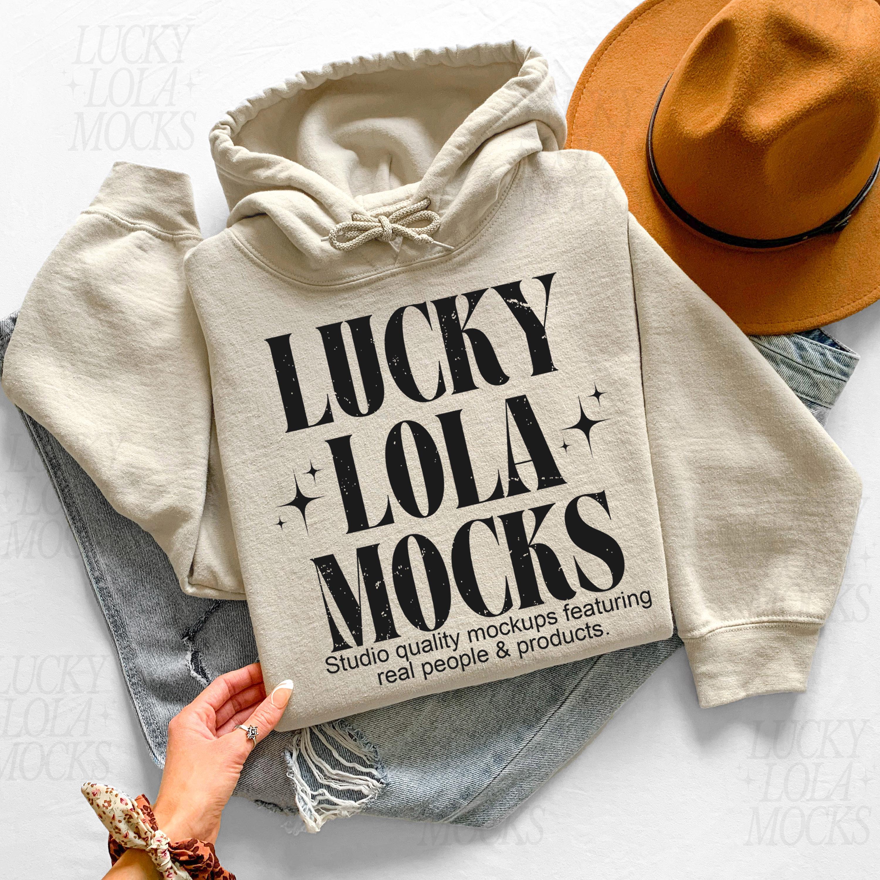 Gildan 18500 Sand Flat Lay Mockup, Hand Holding Hoodie Mock Up