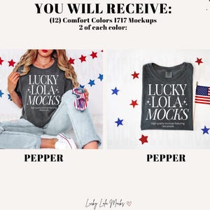 May include: Two mockups of a gray t-shirt with the text "LUCKY LOLA MOCK'S" printed in white. The t-shirt is on a white background with red and blue stars. The text "PEPPER" is below each mockup.