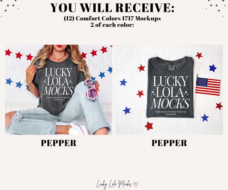 May include: Two mockups of a gray t-shirt with the text "LUCKY LOLA MOCK'S" printed in white. The t-shirt is on a white background with red and blue stars. The text "PEPPER" is below each mockup.