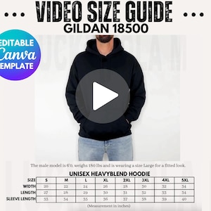 Tabla de tallas de Gildan 18500 editable en video, tabla de tallas para hombres, maqueta de tabla de tallas de Gildan, tabla de tallas de sudaderas con capucha, maqueta de tabla de tallas, guía de tallas 18500