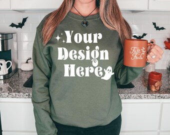 Gildan 18000 Military Green Mockup, Military Green Sweatshirt Mockup, Gildan 18000 Mockup, Model Mockup, Fall Mockup, Halloween Mockup,