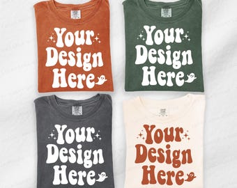 Mockup de grupo Comfort Colors 1717 Outono, várias camisetas, mockup de Halloween 1717, mockup combinando Comfort Colors, mockup de Halloween em vista de cima