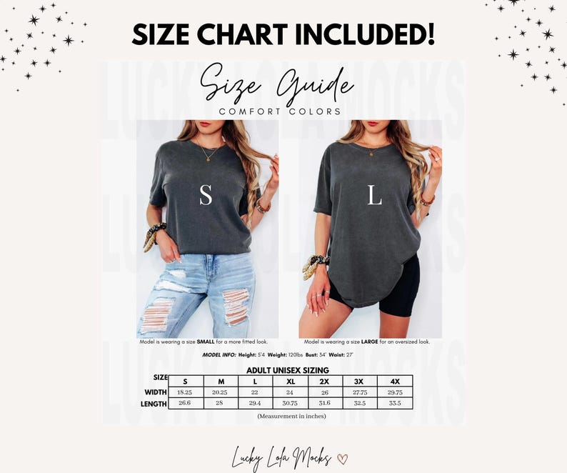 May include: Size chart for unisex t-shirts in various sizes, including small, medium, large, extra large, 2X, 3X, and 4X. The chart shows the width and length measurements in inches.