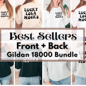 May include: A collage of eight images showing a variety of sweatshirts with the text "Lucky Lola Mocks" printed on the front and back. The sweatshirts are available in black, white, gray, and beige.
