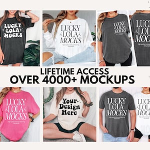 May include: A collection of eight t-shirt mockups featuring different models wearing various colors and styles of t-shirts. The t-shirts feature the text "Lucky Lola Mocks" in a retro font. The text "Lifetime Access Over 4000+ Mockups" is displayed in the center of the image.