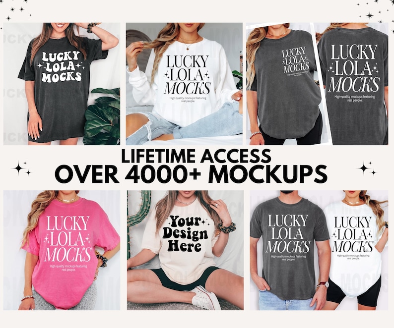 May include: A collection of eight t-shirt mockups featuring different models wearing various colors and styles of t-shirts. The t-shirts feature the text "Lucky Lola Mocks" in a retro font. The text "Lifetime Access Over 4000+ Mockups" is displayed in the center of the image.