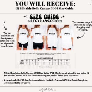Puede incluir: Una gu&iacute;a de tallas para camisetas Bella Canvas 3001, que muestra las medidas en pulgadas para las diferentes tallas, desde XS hasta 4X. La gu&iacute;a incluye un archivo JPEG de alta resoluci&oacute;n y una plantilla PDF descargable.