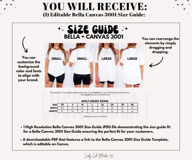 Puede incluir: Una gu&iacute;a de tallas para camisetas Bella Canvas 3001, que muestra las medidas en pulgadas para las diferentes tallas, desde XS hasta 4X. La gu&iacute;a incluye un archivo JPEG de alta resoluci&oacute;n y una plantilla PDF descargable.