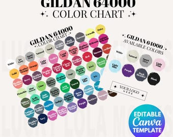 Carta de colores Gildan 64000 editable, Carta de colores Gildan, Carta de colores para camisetas Gildan, Carta de colores 64000, Maqueta de carta de colores, Carta de colores G640