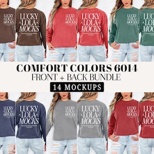 Peut inclure: Plusieurs sweat-shirts à manches longues de couleurs variées, comme le marron, le rouge, le vert et le bleu. Chaque sweat-shirt affiche le texte "LUCKY LOLA MOCKS" à l'avant et à l'arrière. Le texte "COMFORT COLORS 6014 FRONT + BACK BUNDLE 14 MOCKUPS" est également présent.