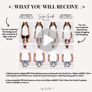 May include: A size guide graphic for Gildan 64000 T-shirts, featuring models in various sizes from Small to 2X-Large. The guide includes female and male model height and weight information. Text on the graphic includes "What You Will Receive" and "Size Guide".