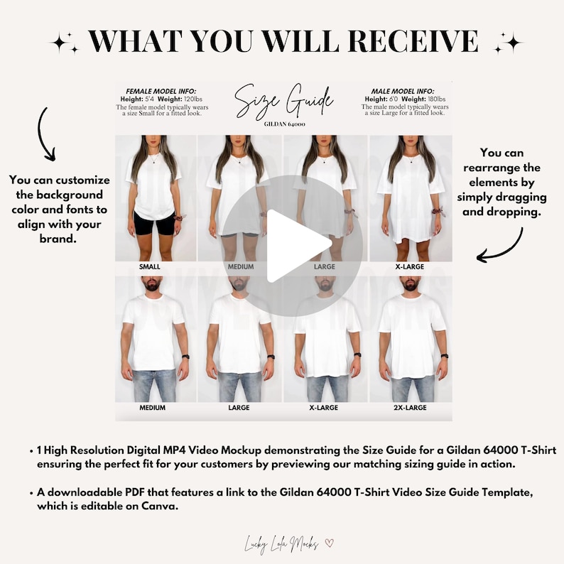 May include: A size guide graphic for Gildan 64000 T-shirts, featuring models in various sizes from Small to 2X-Large. The guide includes female and male model height and weight information. Text on the graphic includes "What You Will Receive" and "Size Guide".