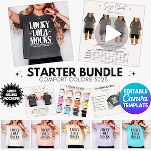 May include: A promotional image for a t-shirt mockup starter bundle. The image features a woman wearing a dark gray t-shirt with the text "LUCKY LOLA MOCKS". Additional elements include size and color charts, and a Canva template.