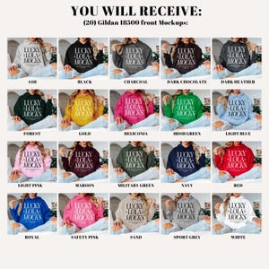 May include: Twenty different color variations of a Gildan 18500 hooded sweatshirt mockup with the text "LUCKY LOLA MOCKS" printed on the front.