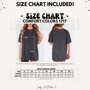 May include: Size chart for unisex t-shirts in sizes S to 4X. The chart shows width and length measurements in inches. The model is wearing a size Large t-shirt.