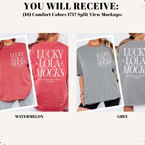 May include: Image showing two Comfort Colors 1717 t-shirts, one watermelon and one grey. The shirts have the text "LUCKY LOLA MOCKS" in white. The watermelon shirt is a reddish-pink, and the grey shirt is a muted grey colour.