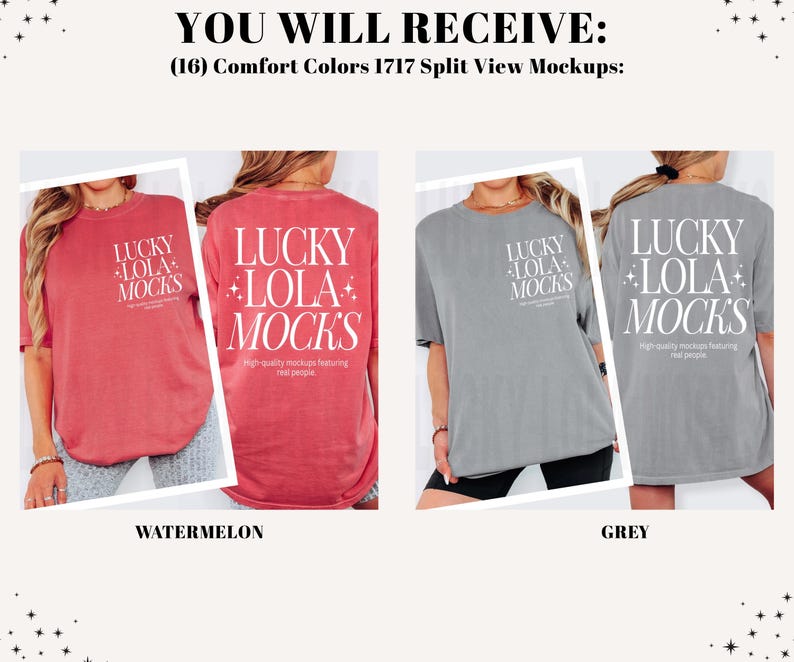May include: Image showing two Comfort Colors 1717 t-shirts, one watermelon and one grey. The shirts have the text "LUCKY LOLA MOCKS" in white. The watermelon shirt is a reddish-pink, and the grey shirt is a muted grey colour.