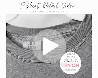 Detail & Model Comfort Colors 1717 Video Mockup of Fabric and Neckline, Matching Couples Video Size Guide, Real Model and Product