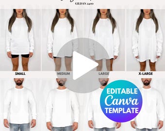 May include: Image of a size guide for white long-sleeved shirts, with models demonstrating sizes from Small to 2X-Large. The text includes "Size Guide," "GILDAN 2400," and model height and weight details. An "Editable Canva Template" logo is also visible.