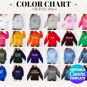 May include: A color chart for Gildan 18500 hoodies, featuring a variety of colors including white, ash, sport grey, sand, light pink, safety pink, heliconia, gold, orange, red, maroon, and Irish green. Also shown are military green, forest green, purple, light blue, carolina blue, indigo blue, royal blue, navy, dark chocolate, and charcoal.