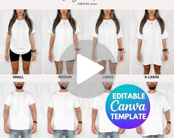 Bearbeitbar Gildan 5000 Männer und Frauen Video Mockup, Gildan 5000 Video Größentabelle männlich und weiblich, Video Sizing, Video Size Guide Gildan 5000