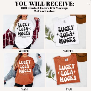 Pu&ograve; includere: Immagine promozionale con quattro magliette bianche e color igname. Ogni maglietta presenta il testo "LUCKY LOLA MOCKS" in un font retr&ograve;. Il testo in alto indica la disponibilit&agrave; di 30 mockup Comfort Colors.