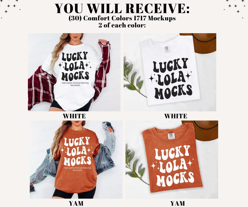 Pu&ograve; includere: Immagine promozionale con quattro magliette bianche e color igname. Ogni maglietta presenta il testo "LUCKY LOLA MOCKS" in un font retr&ograve;. Il testo in alto indica la disponibilit&agrave; di 30 mockup Comfort Colors.