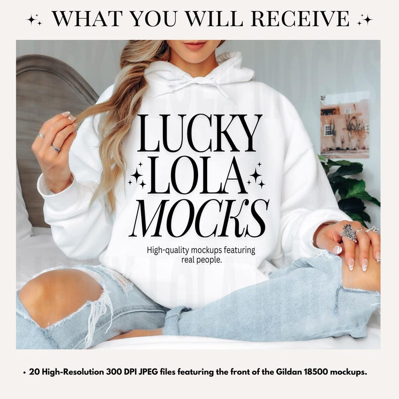 May include: A white hoodie with the text "LUCKY LOLA MOCKS" printed on the front. High-quality mockups featuring real people. 20 high-resolution 300 DPI JPEG files featuring the front of the Gildan 18500 mockups.